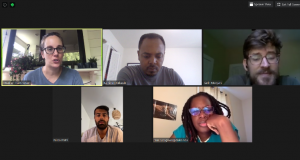 Five colleagues in a screenshot of a zoom conversation.